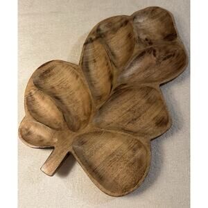 Leaf-Shaped Wood Serving Tray/Decorative with 5 Compartments, 14" x 10", Brown